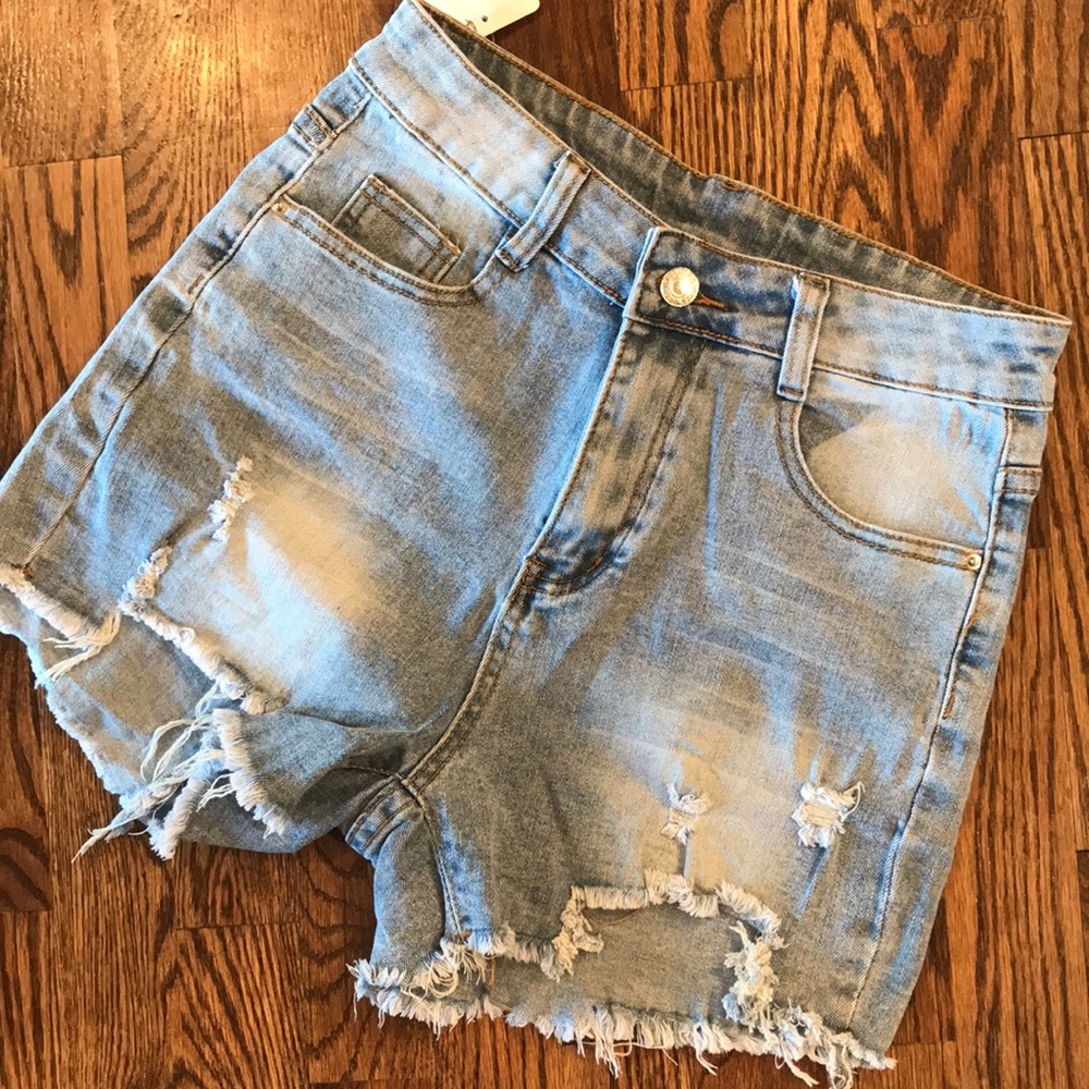 Distressed High Rise Denim Shorts - Picture 2 of 11
